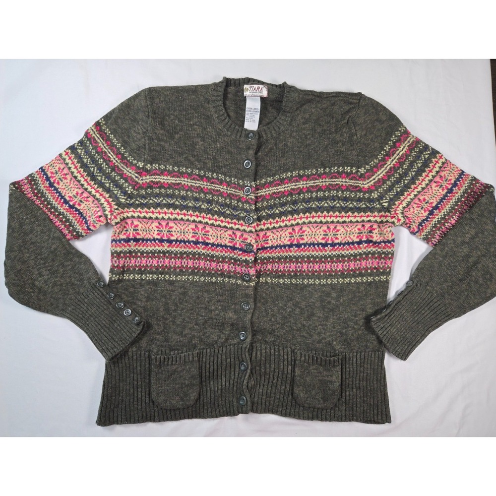 Tiara Intl Sz XL Fair Isle Cardigan Sweater Olive Green Nordic Cabincore Rustic